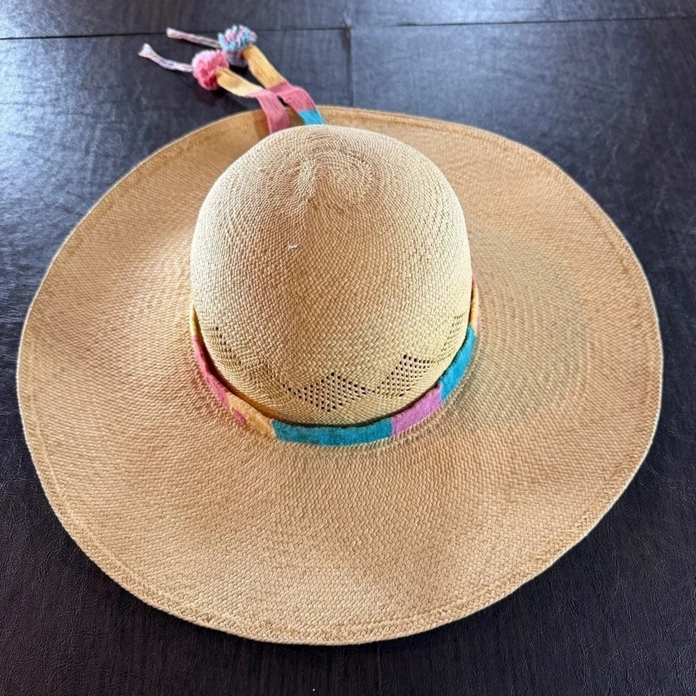Artisanal Colorful Panama Style Straw Sun Hat with Stipes and Pom Poms